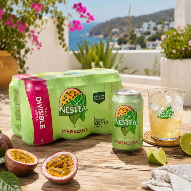 Nestea Maracuyá 6-pack met gekoeld blikje, glas met ijs en passievrucht