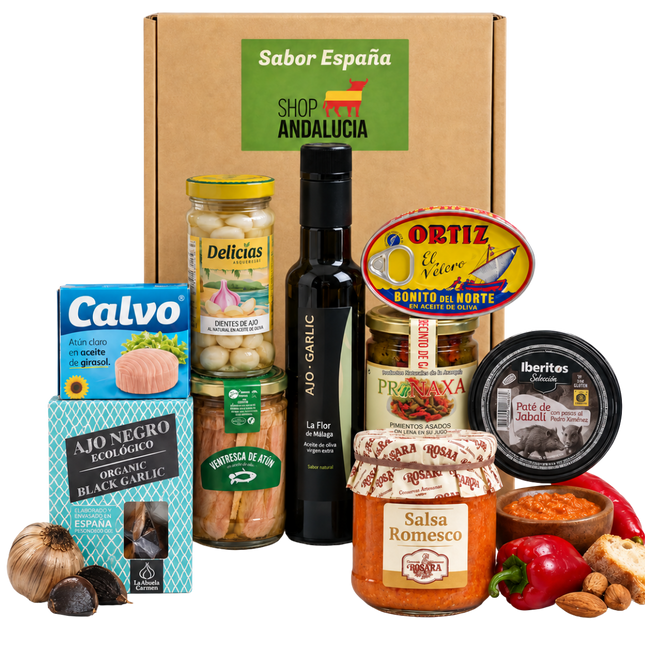 Sabor España Cadeaubox Granada met Spaanse delicatessen, zwarte knoflook en romescosaus